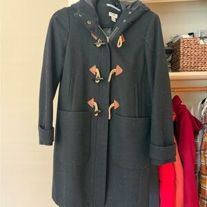 J. Crew Black Trench Coat with Brown Toggles
